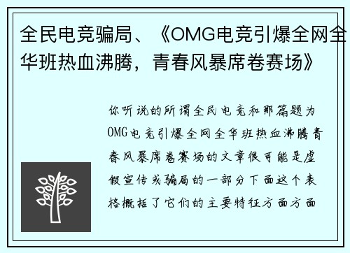 全民电竞骗局、《OMG电竞引爆全网全华班热血沸腾，青春风暴席卷赛场》
