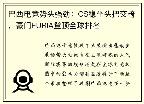 巴西电竞势头强劲：CS稳坐头把交椅，豪门FURIA登顶全球排名